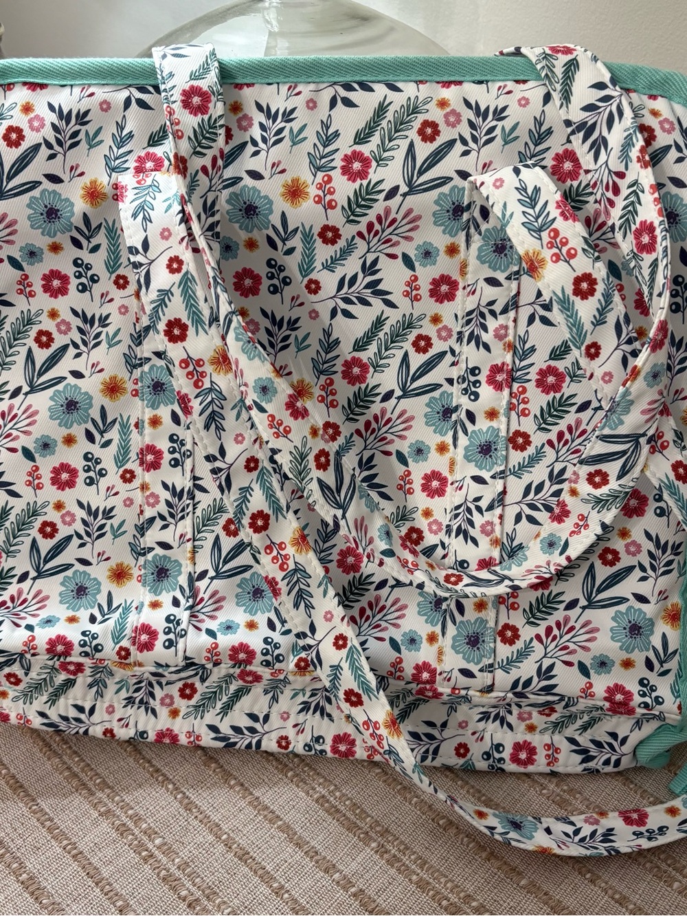 Floral Cotton Craft Organizer Tote Bag in White with Multicolor Print 11x13”